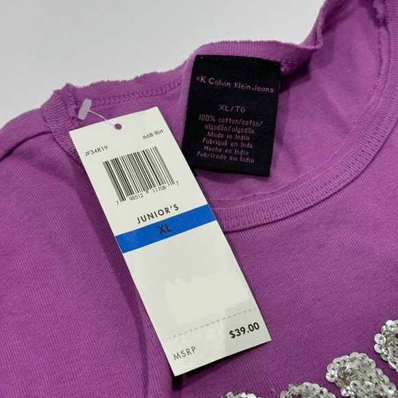 Woman's Calvin Klein Jeans Pink Purple Magenta Beaded Silver Logo Sweatshirt XL - Picture 5 of 7